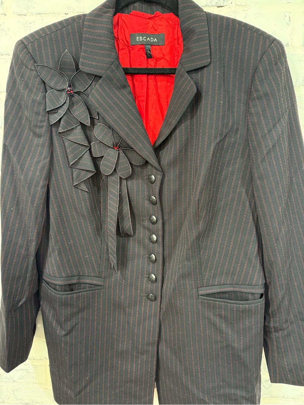 Escada Charcoal Pinstripe Blazer with Red Lining and Floral Accents